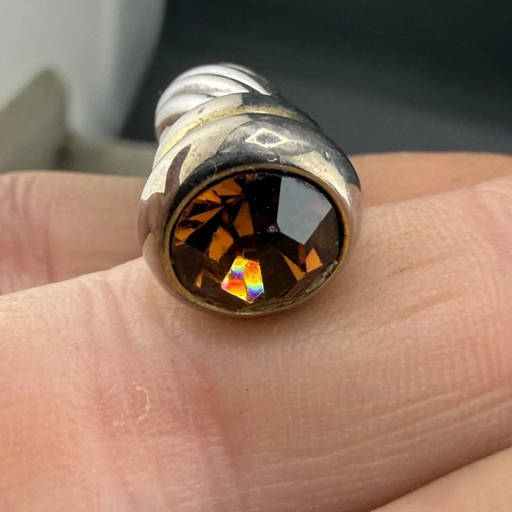 Vintage Cable Cuff Bracelet Silver Tone Orange Rhinestone‎ 6.5